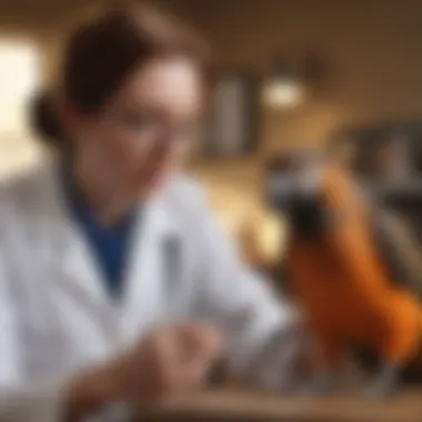 A veterinarian examining a pet bird for signs of distress.