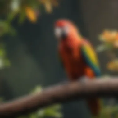 A vibrant parrot perched on a colorful tree branch