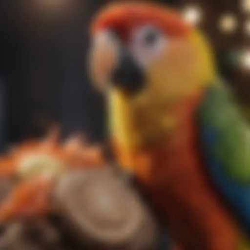 A close-up of a vibrant parrot perched thoughtfully, displaying signs of unusual behavior.