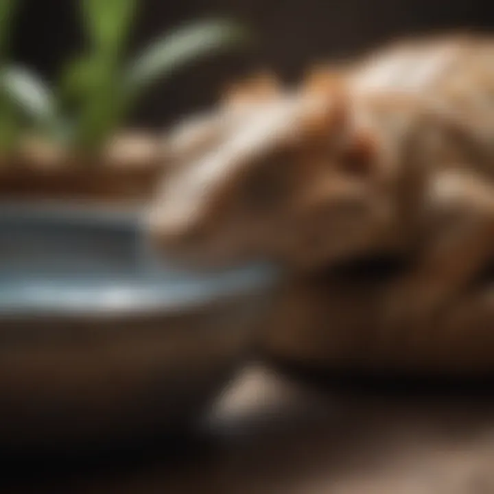 A bearded dragon drinking water from a shallow dish