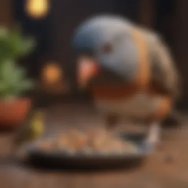 A pet bird enjoying a meal with fresh food and seeds