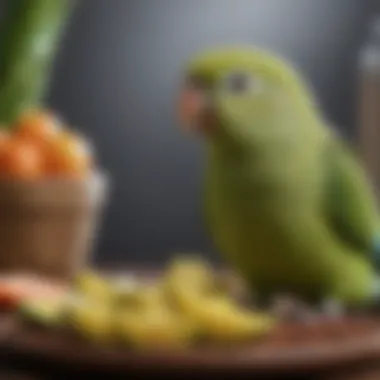 A close-up of nutritious bird food and fresh fruits