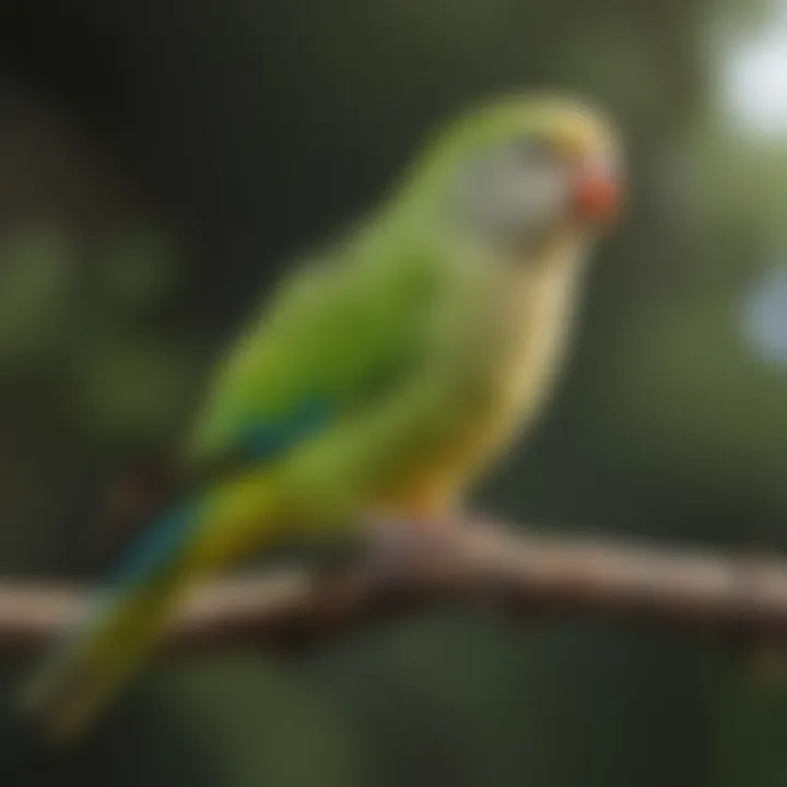 A vibrant monk parakeet perched on a branch