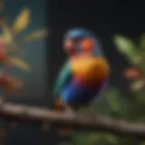 A vibrant pet bird perched on a branch, showcasing its colorful feathers.