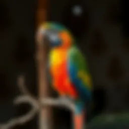 A colorful parrot perched on a branch in a tranquil shelter environment