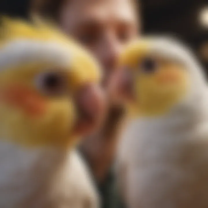 A close-up of a cockatiel interacting playfully with its owner outside the cage